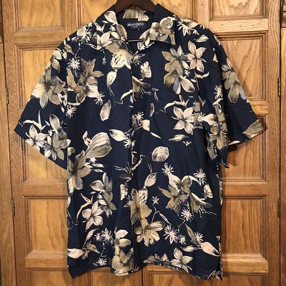 Brandini Pure Silk Hawaiian Shirt Men's L Navy Tan Floral SS Top Loop Button Up - Picture 2 of 11